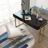 47" Schreibtisch aus glänzend weißem Holz, moderner Schreibtisch, Computertisch mit Schubladen in Goldbasis