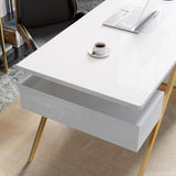 55" Ultra Modern White and Gold Computer Writing Desk with Storage & Drawer