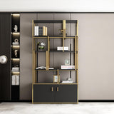 78" 5-Tier Black Bookshelf with Doors Storage Cabinet Gold Frame