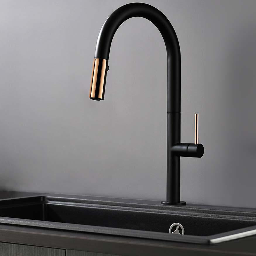 Simple Touch Pull Down Kitchen Faucet with Double Function Single Handle Black & Gold