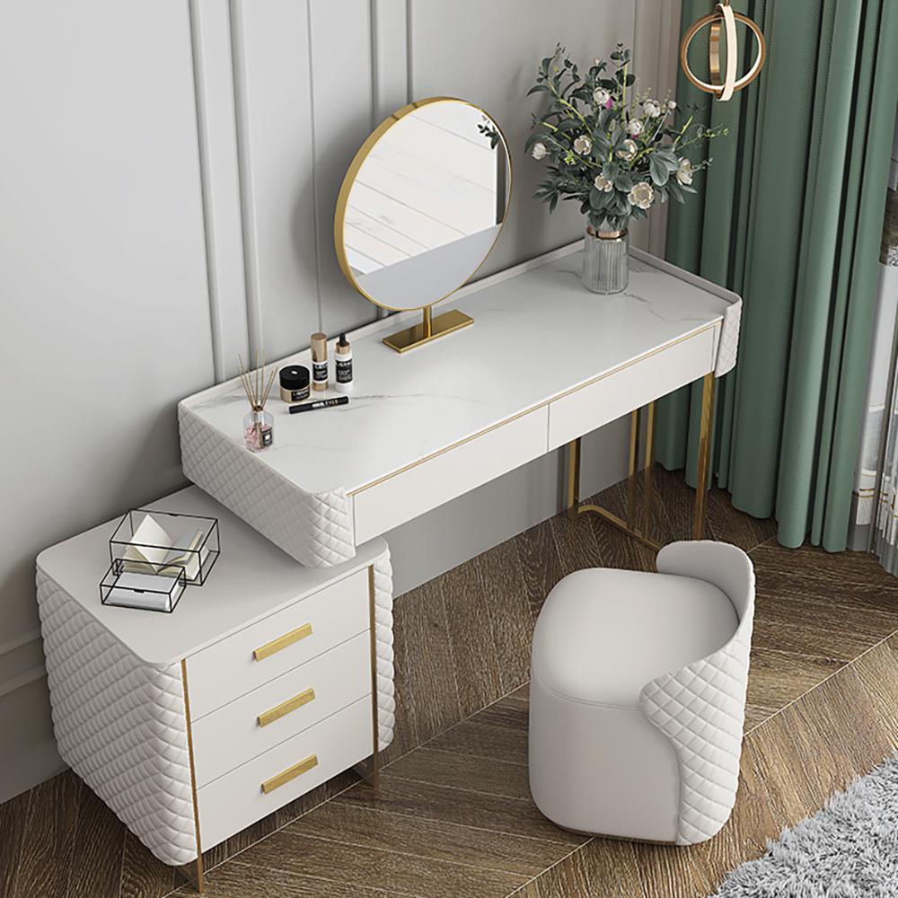 Tocador blanco con espejo redondo y 1 cajón grande y 1 cajón pequeño, mesa  de maquillaje para dormitorio (tamaño : 39.4 in)