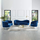 Luxuriöses blaues Samt-Sofa-Set, 3-teiliges Wohnzimmer-Set, gebogenes 3-Sitzer-Sofa