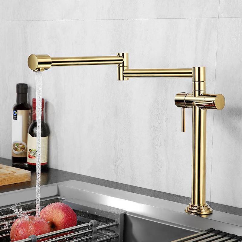 Contemporary Pot Filler Kitchen Faucet Retractable in Gold Solid Brass