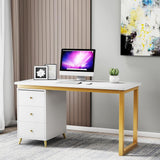 Moderner 55-Zoll-Computertisch aus Holz für das Heimbüro in Weiß mit 3 Schubladen und Seitenschrank in Gold