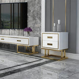 Modern Black Side Cabinet with Tempered Glass Top Lacquered & 2 Drawers Gold Finish