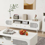 Farmhouse Rattan Wood TV Stand with 2 Drawers & Doors in Off White for TV up to 80