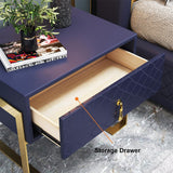 Modern Nightstand with Drawer, PU Leather in Deep Blue, Gold Leg