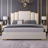 White Platform Bed Faux Leather Cal King Bed with Geometric Upholstered Headboard