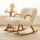 White Boucle Upholstery Rocking Chair Solid Wood Accent Chair in Walnut