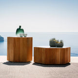 2Pcs Modern Hexagon Faux Marble & Teak Wood Outdoor Coffee Table Set in Natural & White