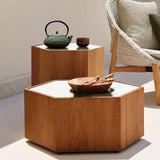 Juego de mesa de centro para exteriores de madera de teca y mármol sintético moderno hexagonal de 2 piezas en color natural y blanco