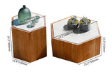 2-teiliges modernes Hexagon-Couchtisch-Set aus Kunstmarmor und Teakholz für den Außenbereich in Natur und Weiß
