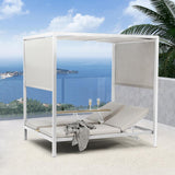 2-Person White Aluminum Outdoor Patio Daybed with Canopy & Walnut Lift Top Coffee Table