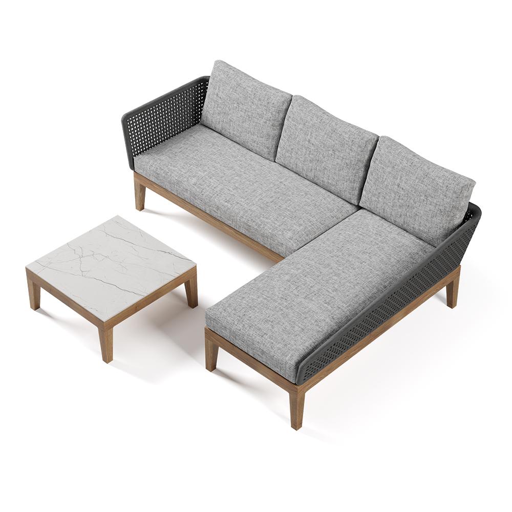 3 Pieces Aluminum & Braided Rope Outdoor Sectional Sofa Set with Coffee Table in Gray