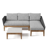Juego de sofá seccional para exteriores de 3 piezas de aluminio y cuerda trenzada con mesa de centro en gris