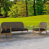 2-teiliges Teak- und Rattan-Sofa-Set für den Außenbereich, Terrassenholz, Schaukelstuhl mit Kissen in Natur