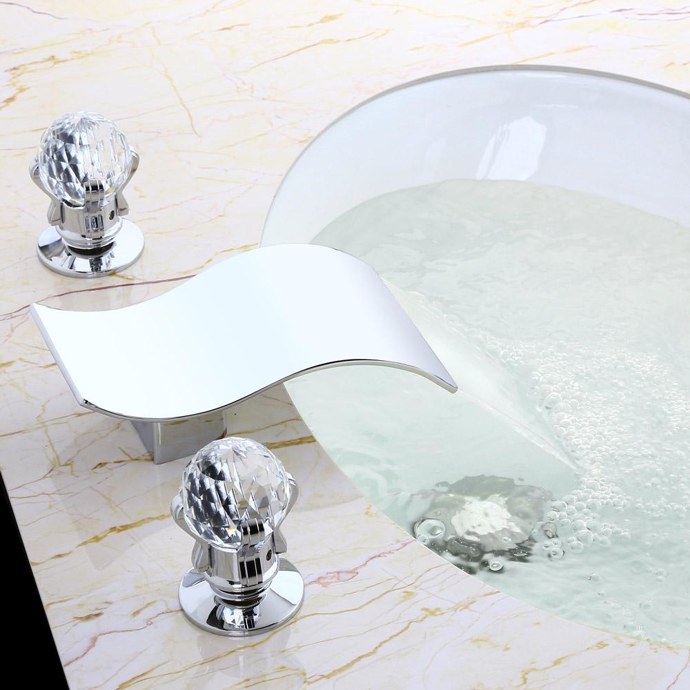 Deck Mount Widespread Waterfall 2 Crystal Handle Bathroom Sink Faucet Solid Brass