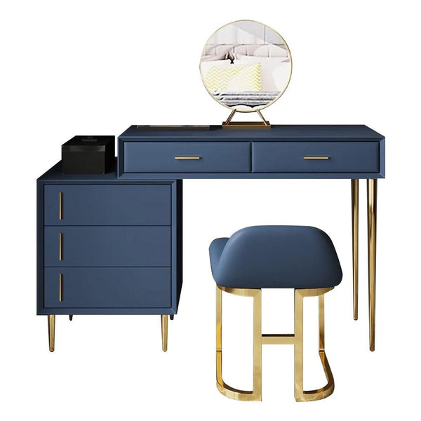 blue and gold dressing table Elegant Makeup Vanity Table Set 2 Mirrors with Drawer & Stool Brushed Gold BlueHomary