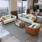 Juego de 3 sofás de salón de piel sintética naranja con sofá individual y sofá de dos plazas
