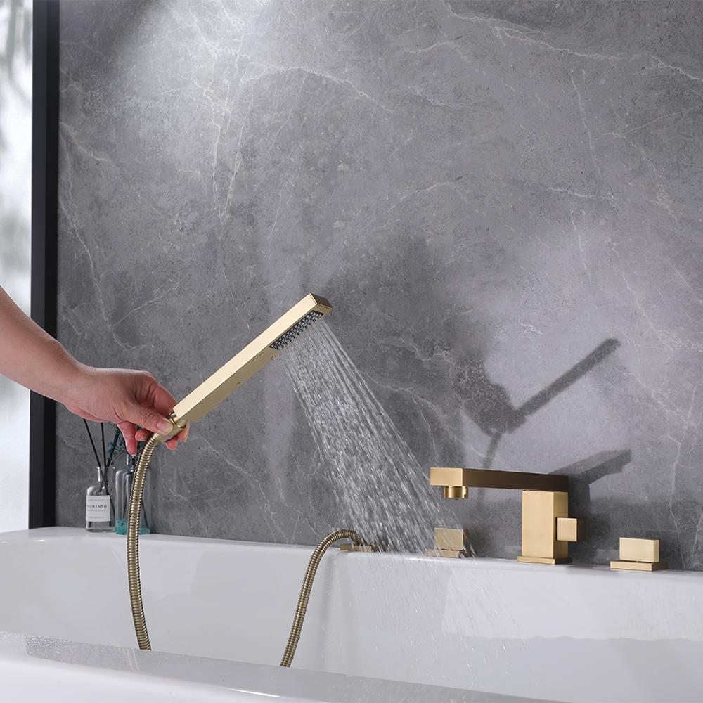 Deck Mounted Bathtub Filler Faucet with Handshower Brushed Gold Swirling Spout