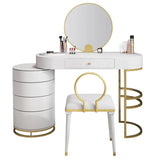 طاولة خلع الملابس البيضاء مع مرآة خزانة الدوران ومرآة البراز