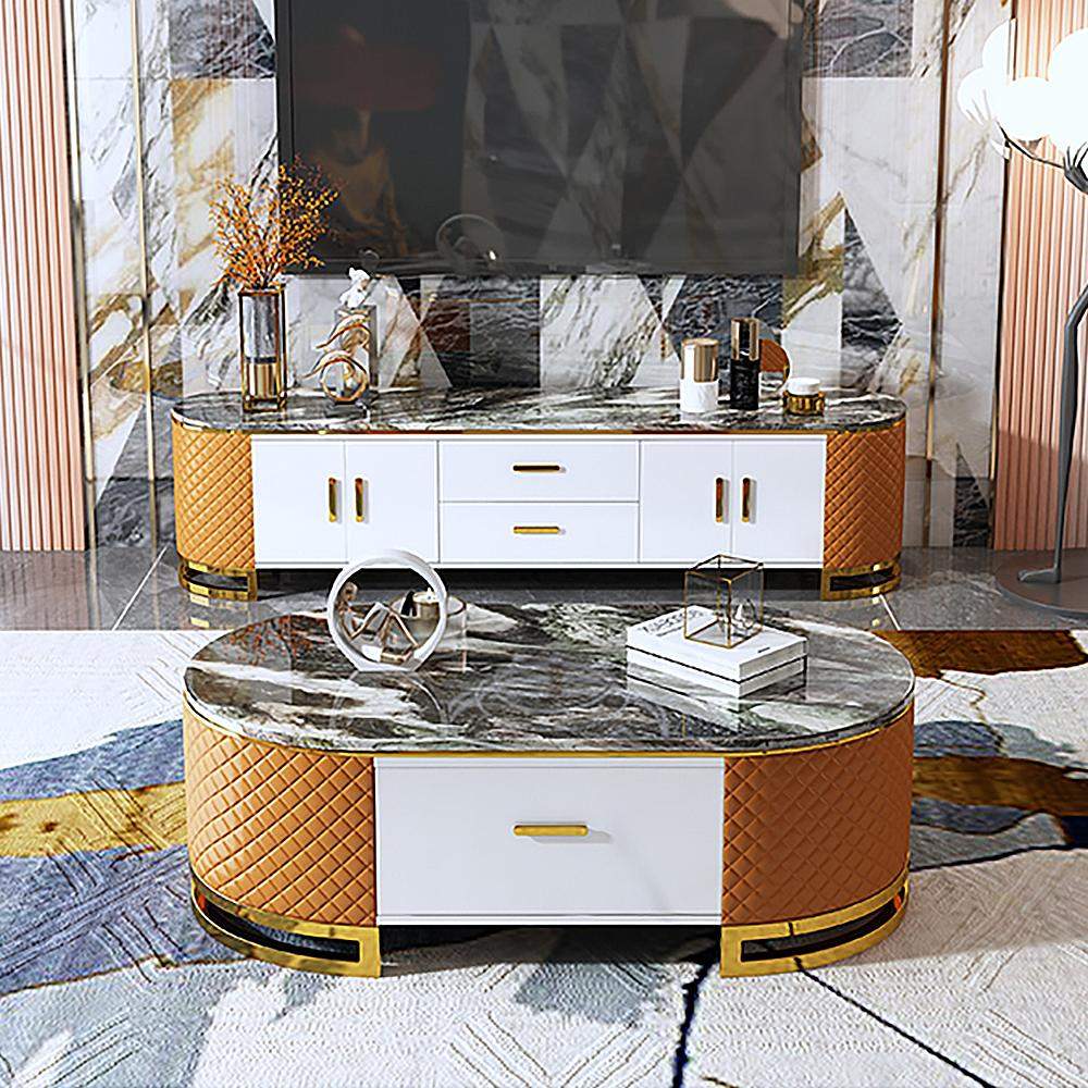 51.2" Modern Oval Marble Coffee Table with Storage Orange Microfiber Leather Upholstery-Richsoul-Coffee Tables,Furniture,Living Room Furniture