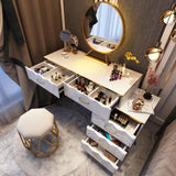 Vanité de maquillage extensible en blanc moderne 5 tiroirs ensembles de coiffure avec tabouret et miroir