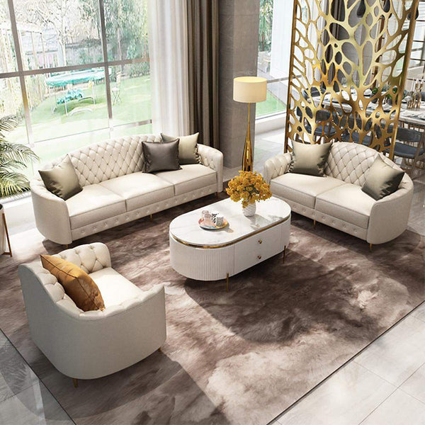 3 Pieces Beige Leather Sofa and Loveseat Living Room Set with Pillows ...
