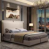 Beige Microfiber Leather Upholstered Bed with Wingback Headboard, California King