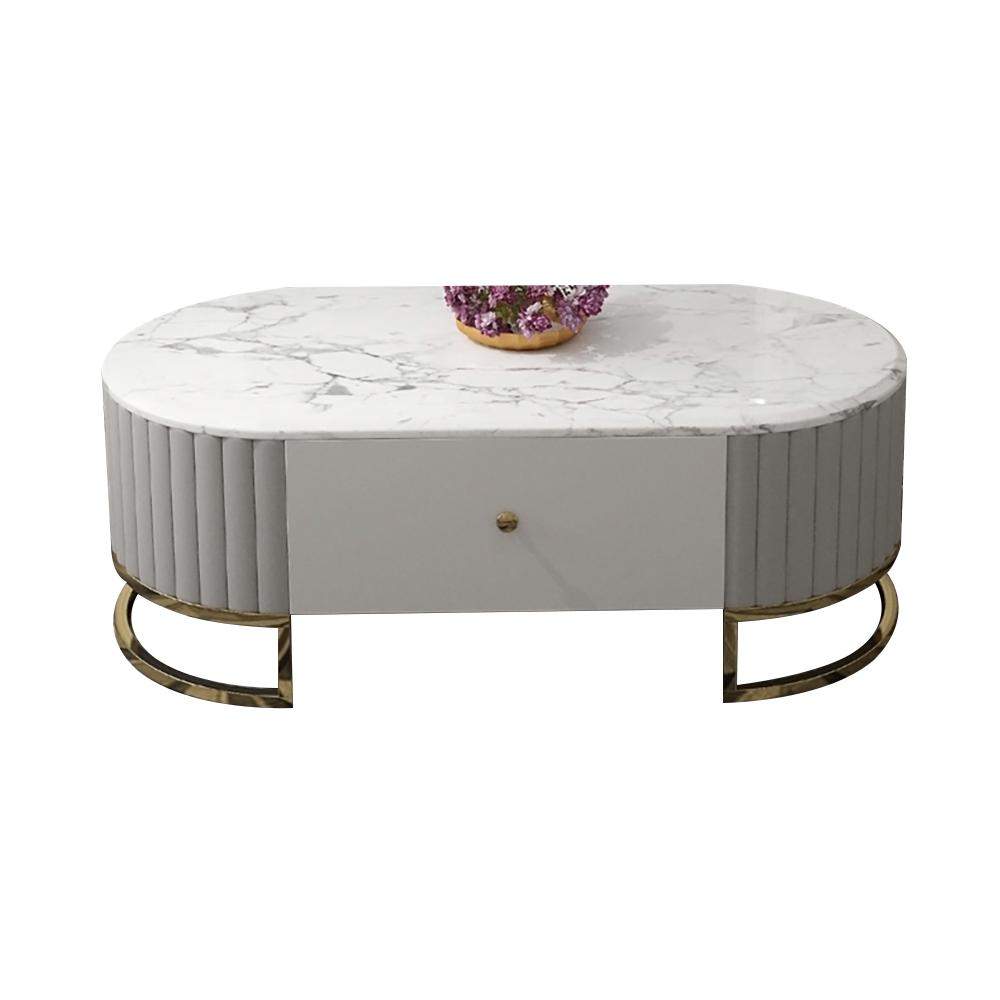 51" Modern White Oval Faux Marble Coffee Table with Drawers-Richsoul-Coffee Tables,Furniture,Living Room Furniture