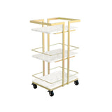 3-Tier Rectangular Rolling Bar Cart with Wheels Gold White Marble Shelves