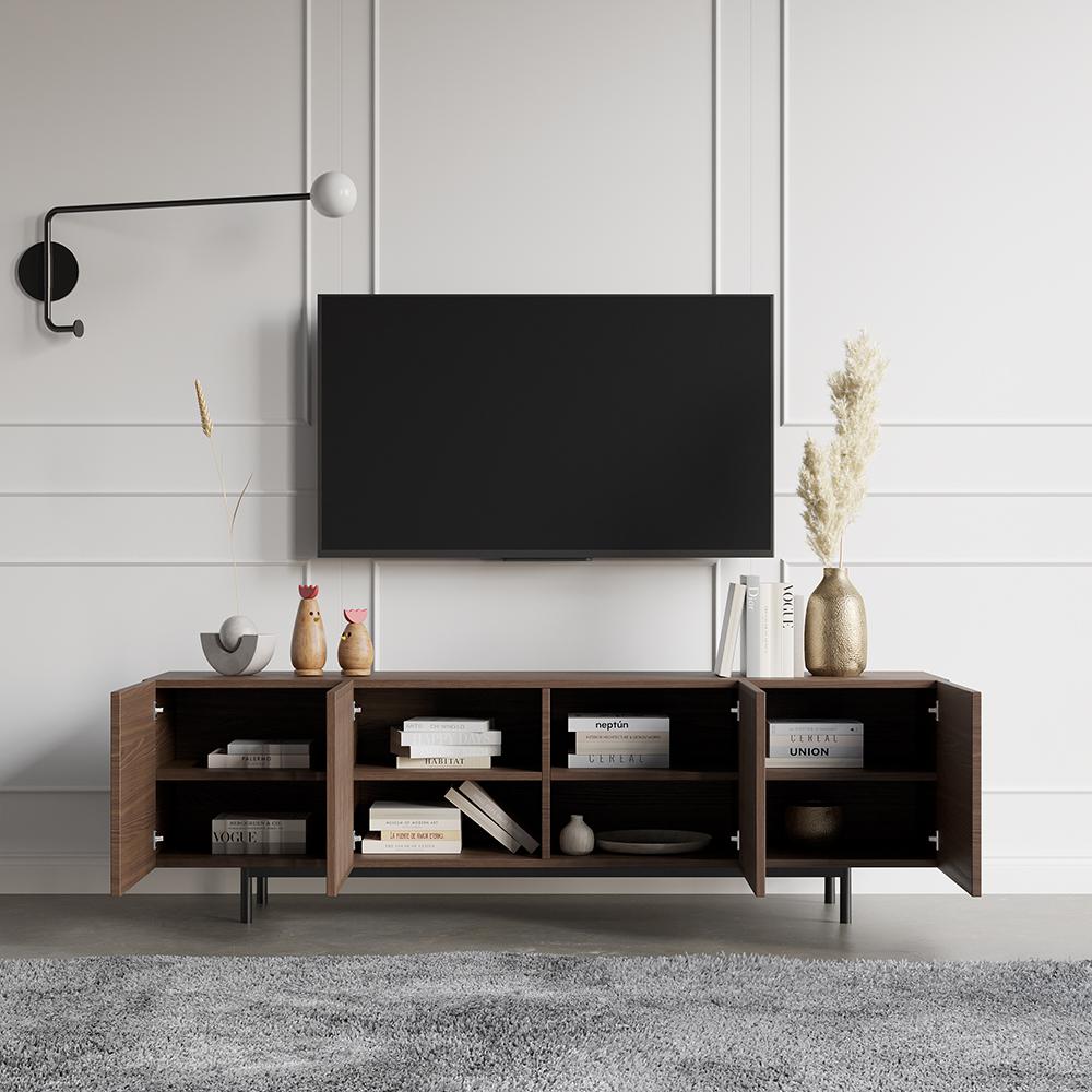 Minimalist Slatted Media Console Wood TV Stand in Walnut with Shelves for TVs Up to 80"
