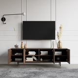 Minimalistischer Lattenrost-TV-Ständer aus Holz in Walnuss mit Regalen für Fernseher bis 80 Zoll