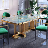 78.8" Modern Large Rectangular Glossy Stone Dining Table Gold Stainless Steel Pedestal