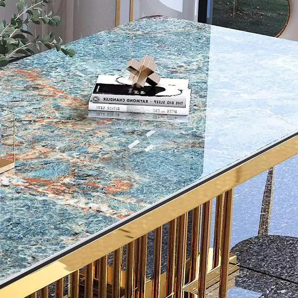 78.8" Modern Large Rectangular Glossy Stone Dining Table Gold Stainles ...