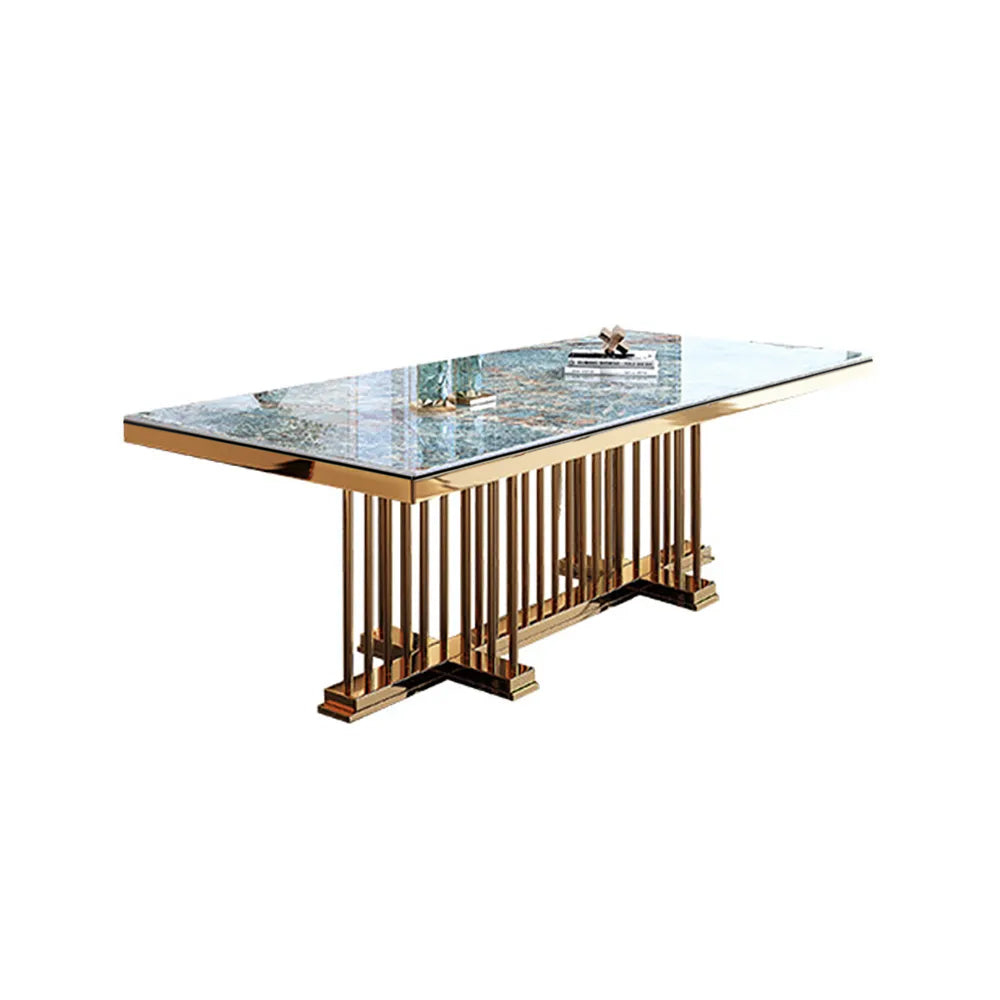 78.8" Modern Large Rectangular Glossy Stone Dining Table Gold Stainless Steel Pedestal