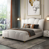 Milky White Microfiber Leather Platform Bed with Curved Headboard, Cal King