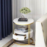 Modern White Round Nightstand with Marble-Top & Drawer & Shelf in Gold Base