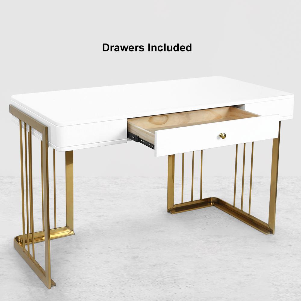 47" Glossy White Wooden Writing Desk Modern Desk Computer Desk with Drawers in Gold Base