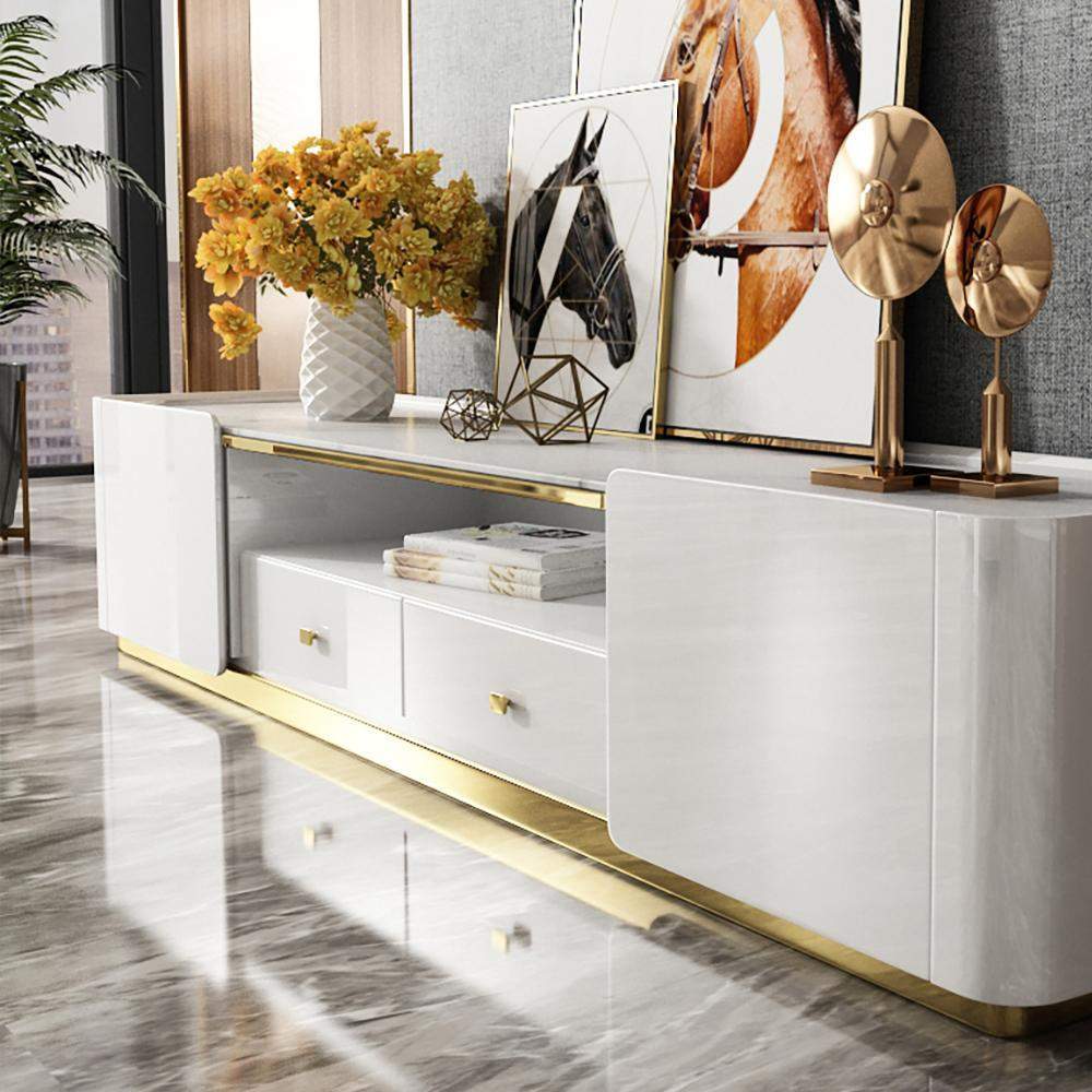 78.7" Modern White TV Stand Stone Top Storage Media Console-Furniture,Living Room Furniture,TV Stands
