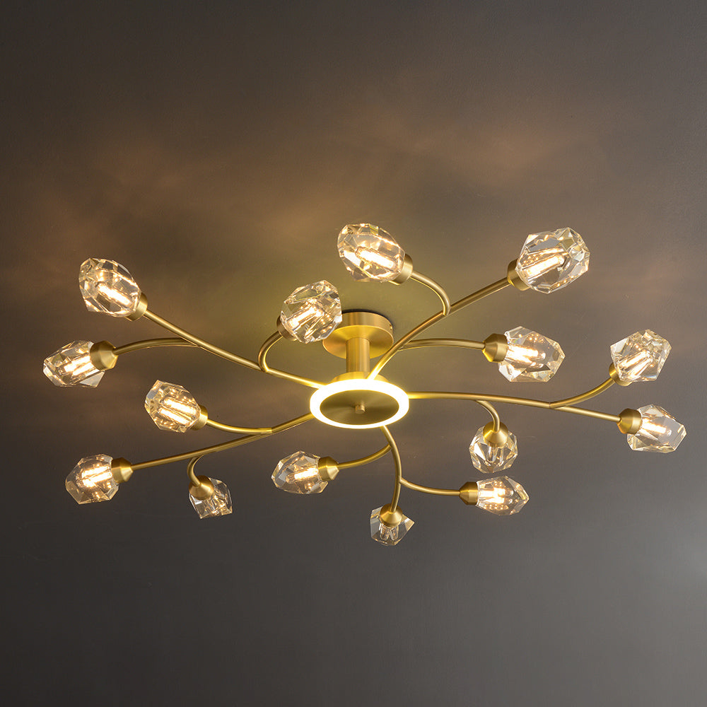 Brass 12-Light Sputnik Crystal Semi-Flush Mount Light for Living Room and Dining Room