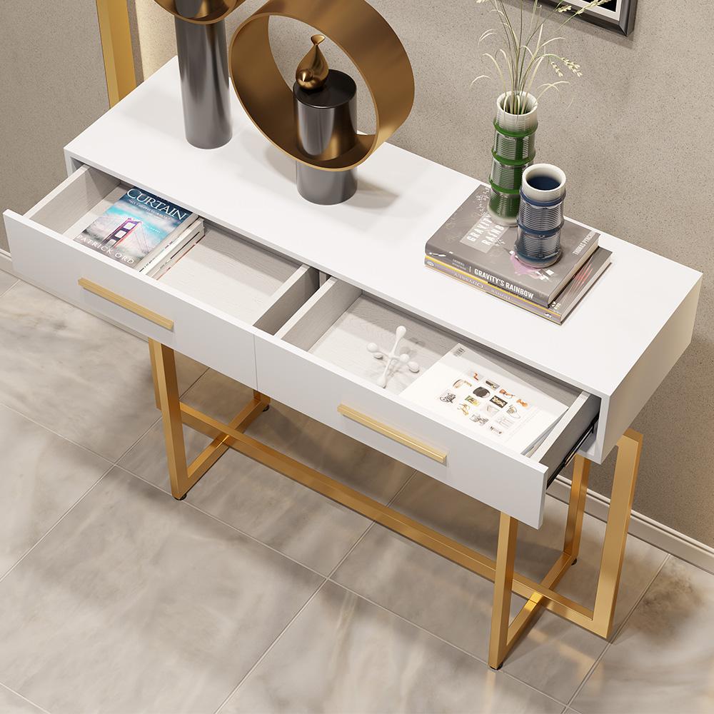 40" Narrow Console Table with Storage Drawers White Entryway Table with Metal Legs