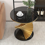 Modern White Round Metal Side Table with Faux Marble Tabletop End Table