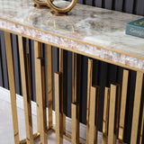 59,1" Moderner Konsolentisch aus Marmor, schmaler Eingangstisch mit goldenem Edelstahlsockel