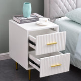 Modern White Rectangle Nightstand with 2 Drawers and Gold Metal Base