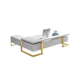 Holf L-Shaped Modern Office Executive Desk of Right Hand with Storage in White & Gold