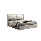 Weißes Wingback-Bett mit lederbezogenem Kopfteil und Holzlatten, King Size