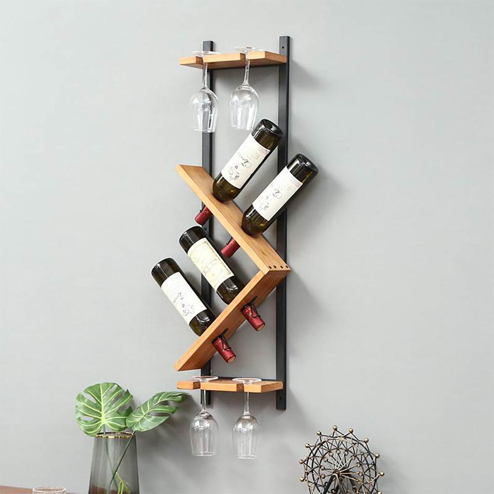 現代の壁に取り付けられた木製ワインラック 4 ボトル & 4 ワイングラスラック脚付きグラスホルダーラック - 自然