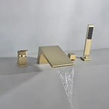 Grifo tipo cascada para bañera romana de montaje en plataforma con ducha de mano en oro cepillado