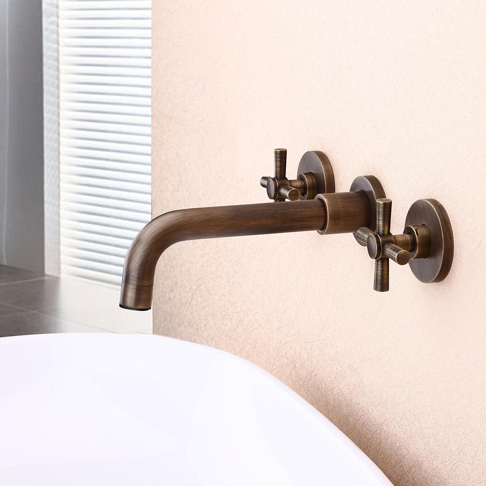 Melro Classic Wall Mounted Double Cross Handle Bathroom Sink Faucet in Antique Brass